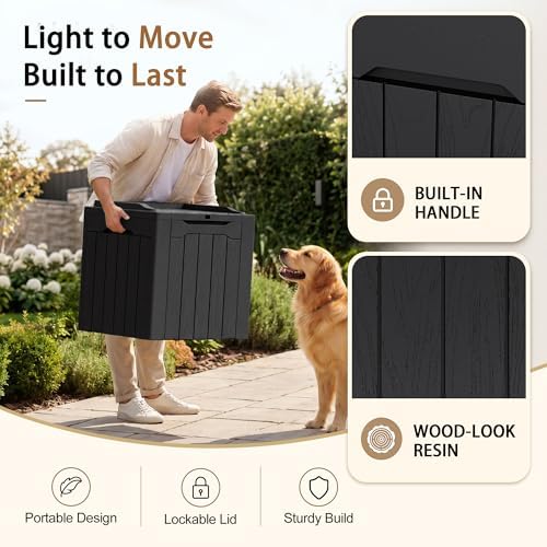 jummico 31 gallon resin deck box waterproof outdoor shown in use