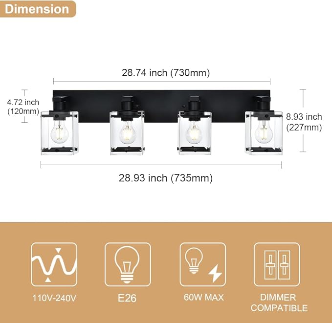 WINSHEN 4-Light Bathroom Vanity Light Fixture, Modern Black Wall Lighting Over - Image 5