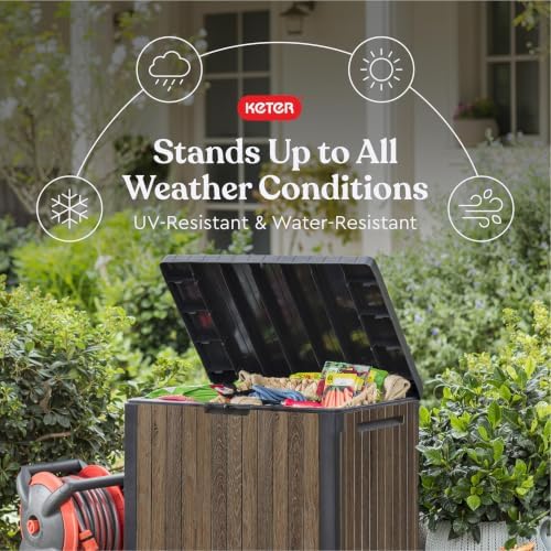 keter premium everwood 30 gal outdoor storage box, close-up detail