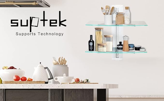 suptek 2 Tiers Glass Floating Shelves, Flat Black Wall Mount Bracket, AV Shelf - Image 7