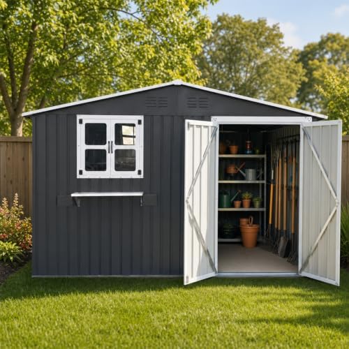 10x8 ft outdoor storage shed with 2 clear, front angle view