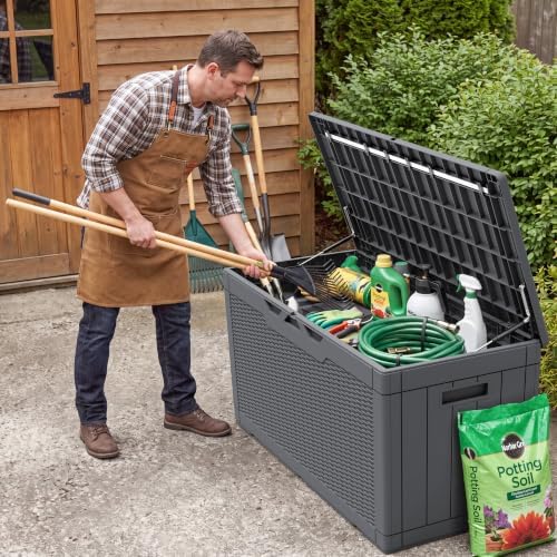 flamaker outdoor storage box 100 gallon waterproof resin on a desk or shelf