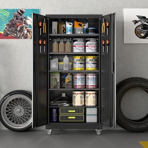 metal garage storage cabinet with wheels and pegboard, main product view