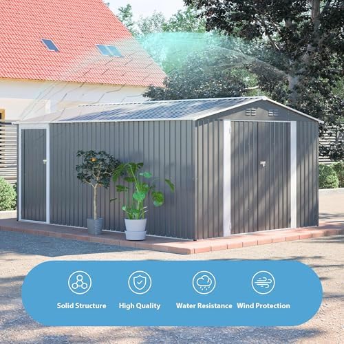 yopto 10x14 ft outdoor storage shed,metal shed w/lockable showing dimensions