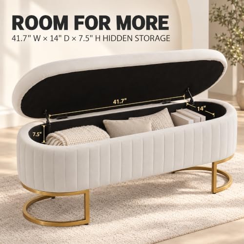 velvet storage bench for bedroom, 46" oval end, view 9