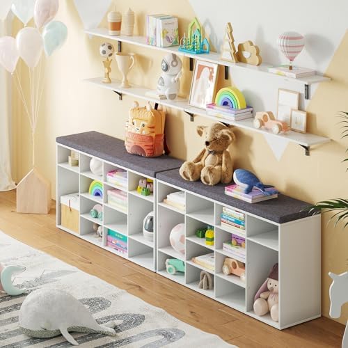 dinzi lvj shoe storage bench with cushion, 14-cubby shown in use