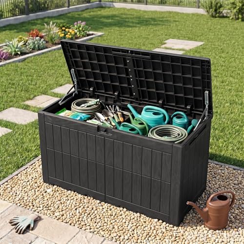 tangkula 100 gallon outdoor storage box with lockable shown in use