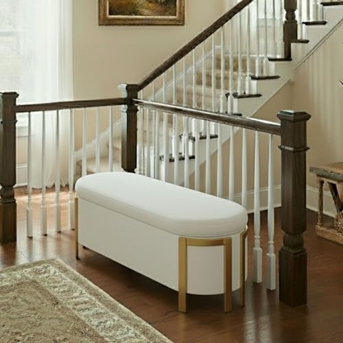 hyfirm 48" white chenille storage bench with gold, side view