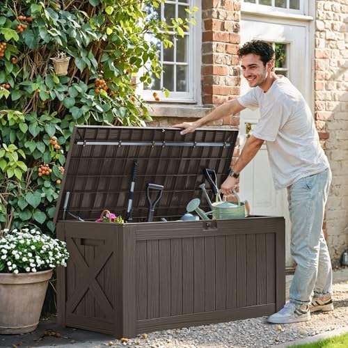 greesum 120 gallon deck box, resin outdoor storage, side view