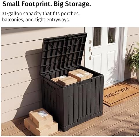 east oak 31 gallon outdoor storage box, waterproof on a desk or shelf