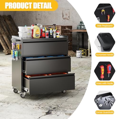 35.5" rolling tool cabinet with 3 drawers and, package contents