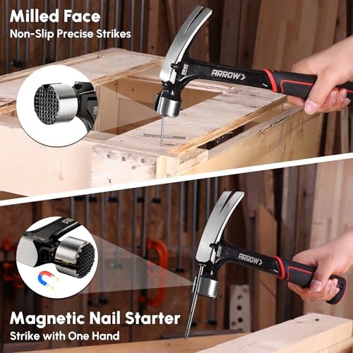 ARROW 20 oz Straight Claw Hammer with Magnetic Nail Holder, Side Nail Puller, Rip Claw Hammer with Milled Face & Shock Absorbing Grip, Heavy Duty One-piece Forged Hammer (Pack of 2)
