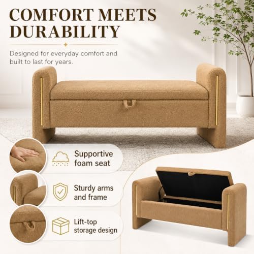 52" upholstered storage bench, brown, armrests, wood frame, package contents