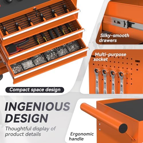 5-drawer rolling tool chest with wheels, metal tool showing dimensions
