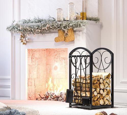 kingson firewood rack indoor/outdoor log holder, black shown in use