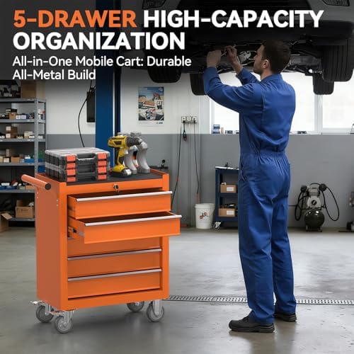 5-drawer rolling tool chest with wheels, metal tool shown in use