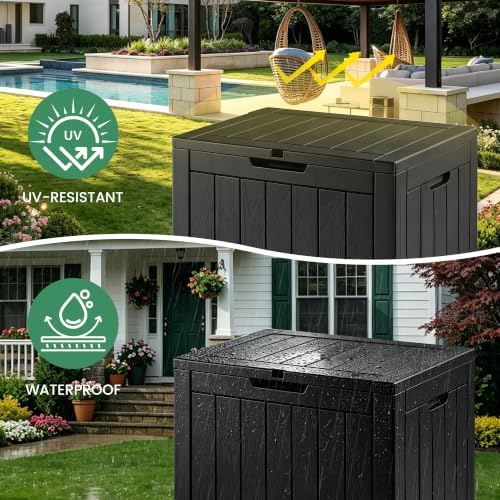 30 gallon outdoor storage box, waterproof resin deck on a desk or shelf