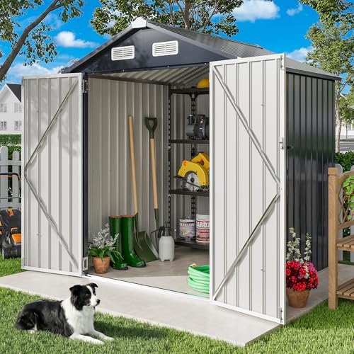 ironck 5.7x5.7ft outdoor storage shed, tool shed, dark, close-up detail