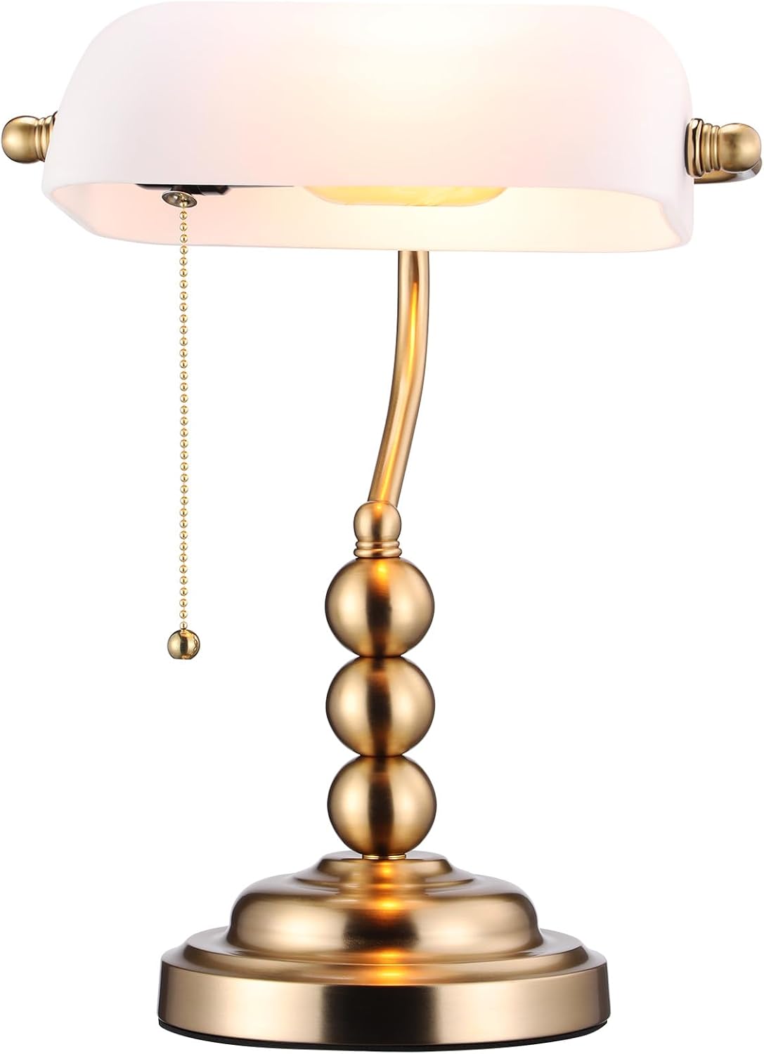 TORCHSTAR Ivory White Glass Bankers Desk Lamp with Pull Chain, E26 Base | Retro Weighted Base, Antique Traditional Library Lamp for Office Study Room, Bulbs not Included