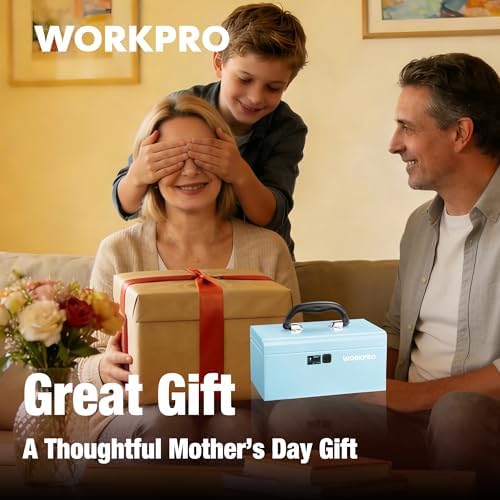 workpro 10.8" mini metal tool box with removable, front angle view