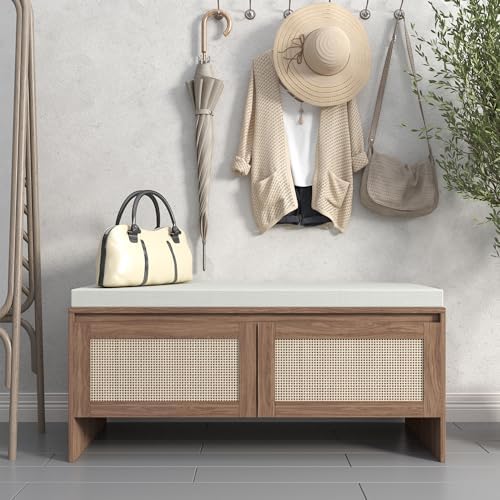 softsea 39.4" shoe storage bench with rattan doors, front angle view