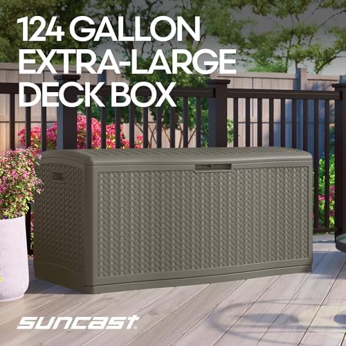 suncast xl deck box, 124 gal, resin wicker, close-up detail