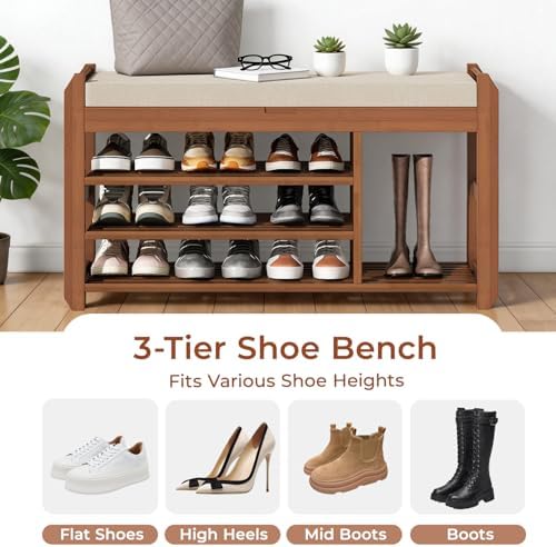 39.4" entryway shoe rack bench with cushion, 3-tier, close-up detail