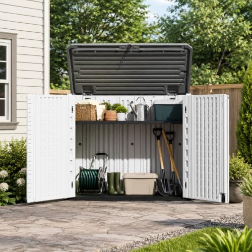 addok outdoor storage cabinet, 35 cu.ft horizontal resin shown in use