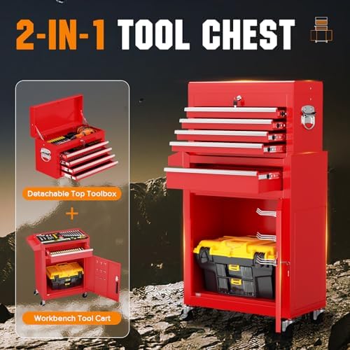 crownland 5-drawer rolling tool chest with wheels, red, package contents