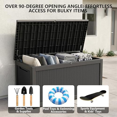 outdoor storage box,320 gallon waterproof deck box [upgraded on a desk or shelf