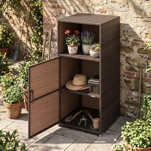 tangkula rattan outdoor storage cabinet with 3 storage shown in use