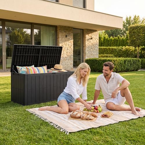 120 gallon deck box outdoor storage box storage on a desk or shelf