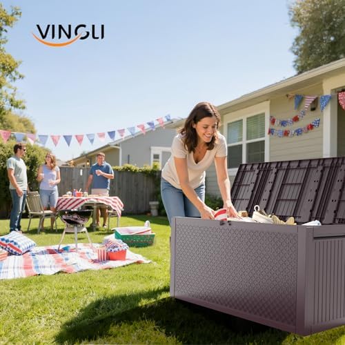 vingli 90 gallon lockable durable outdoor storage box shown in use
