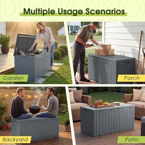 devoko 100 gallon outdoor storage box, waterproof deck, side view