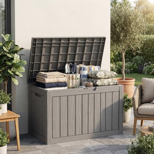 drato 60 gallon outdoor storage box waterproof, lockable showing dimensions