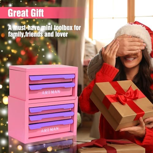 5-drawer metal tool box for diy, pink-purple, side view