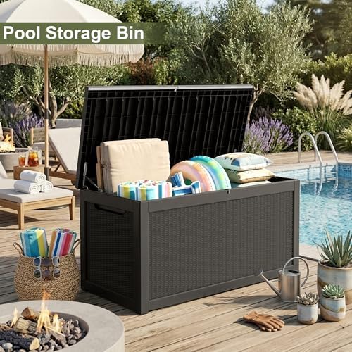 350 gallon outdoor storage box waterproof lockable deck, front angle view