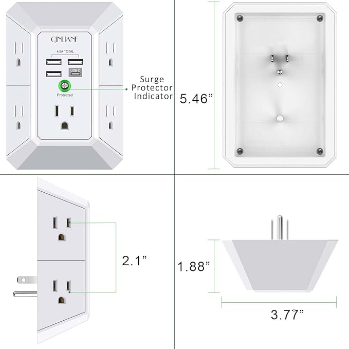 Wall Charger, Surge Protector, QINLIANF 5 Outlet Extender - Image 7