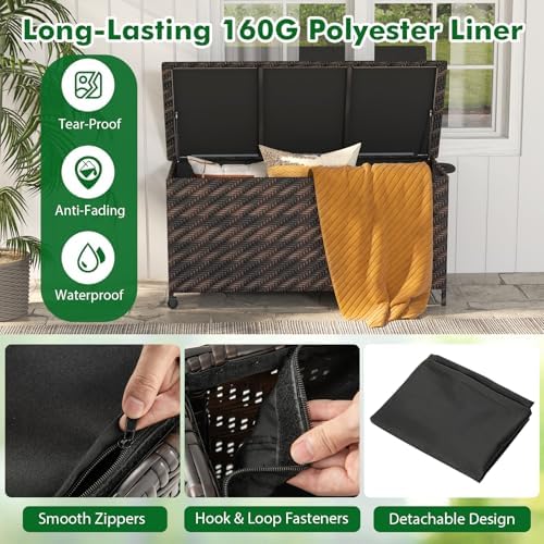 tangkula tightly-woven rattan deck box, patiojoy storage cabinet showing dimensions