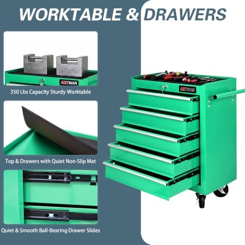 5 drawers rolling tool chest on wheels, multifunctional, side view