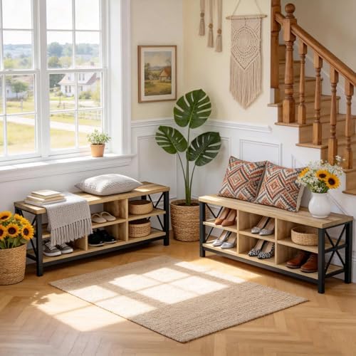 fatorri shoe bench entryway with storage, industrial wood showing dimensions