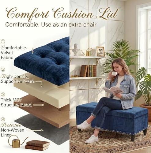 joveco 41" storage bench,tufted fabric storage ottoman with showing dimensions