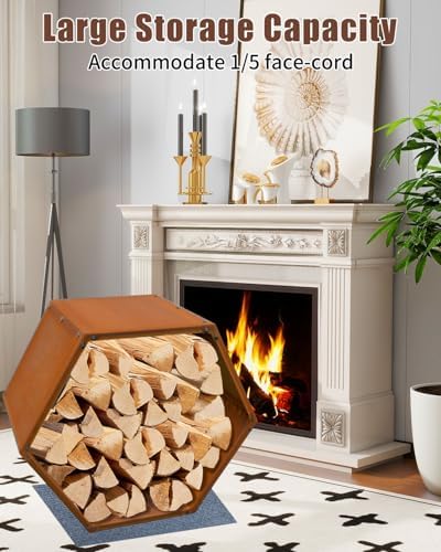 firewood rack outdoor, corten steel hexagon firewood holder, side view