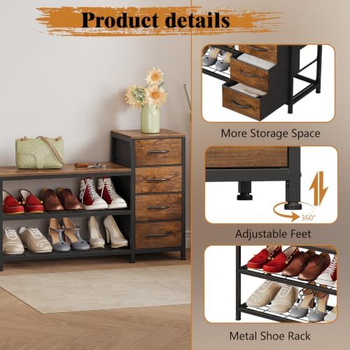 exotica industrial shoe storage bench with 4 drawers, side view