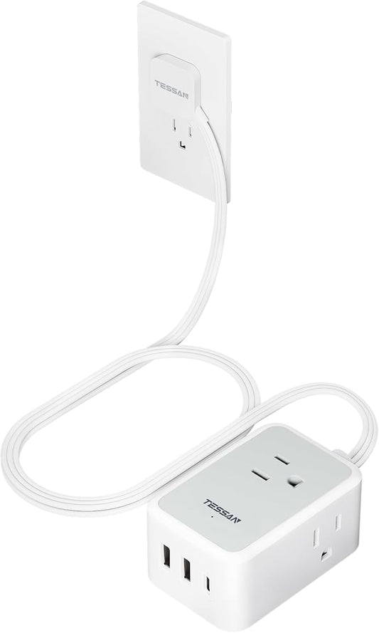 Short Flat Extension Cord, TESSAN Small Power Strip by TESSAN