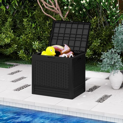 tangkula 25 gallon waterproof outdoor storage box with shown in use