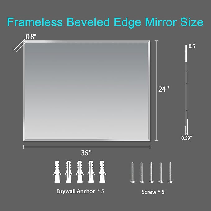 Frameless Beveled Edge Bathroom Mirror 36x24 Inch Rectangle Wall Mirror - Image 3