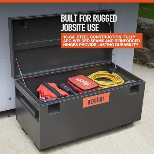 ironton 47.5in. jobsite box, gray, carbon steel, close-up detail