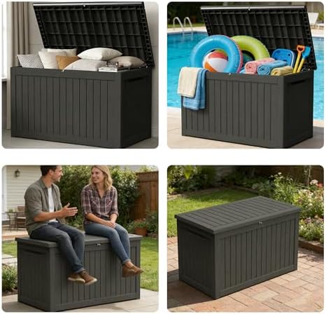 300 gallon outdoor storage box resin deck box on a desk or shelf