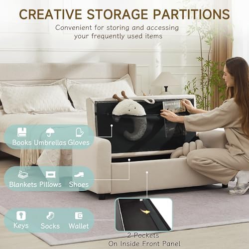 ottoman with storage, tufted storage bench for bedroom, side view